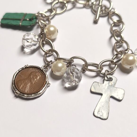 205 Silver Chain Silver Cross Charm and 1974 Penny Inlayed Tennis Bracelet - Picture 2 of 6
